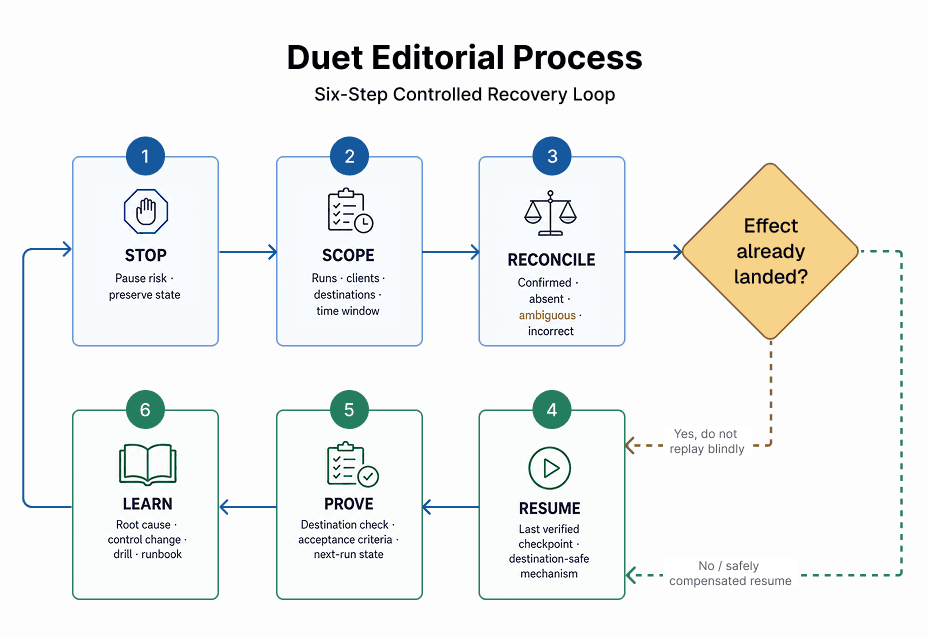 A six-step recovery loop stops the workflow, scopes impact, reconciles destination effects, resumes from a verified checkpoint, proves the result, and records learning.