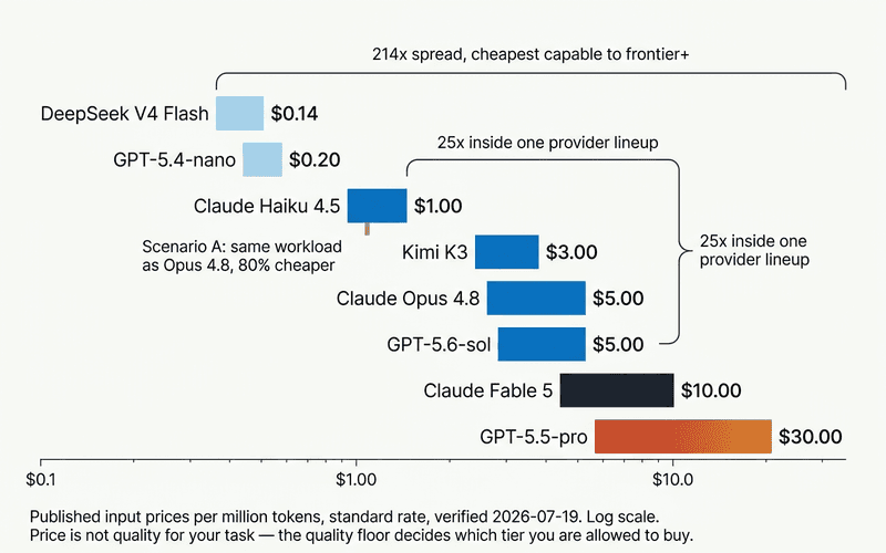 Log-scale bar chart of published input prices per million tokens: DeepSeek V4 Flash $0.14, GPT-5.4-nano $0.20, Claude Haiku 4.5 $1, Kimi K3 $3, Claude Opus 4.8 and GPT-5.6-sol $5, Claude Fable 5 $10, GPT-5.5-pro $30 — a 214× spread from cheapest to frontier-plus, and 25× within OpenAI's own lineup. A callout marks the Haiku-versus-Opus right-sizing example at 80% savings on identical volume.