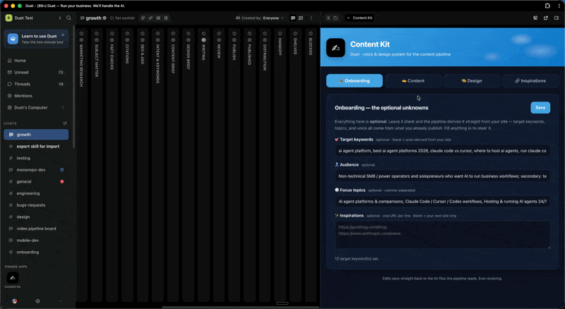 The per-workspace Content Kit in Duet — voice and design moodboards derived from your own site's brand and content.