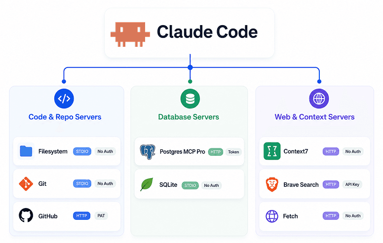Diagram of Claude Code connected to eight MCP servers grouped into code and repo, database, and web and context servers, each labeled with its transport and auth