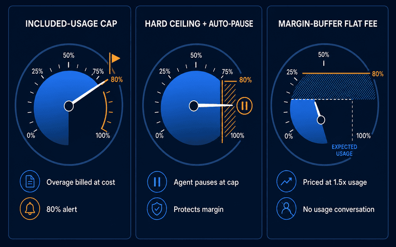 Three SOW overage-clause structures: included-usage cap with pass-through overage, hard ceiling with auto-pause, and margin-buffer flat fee